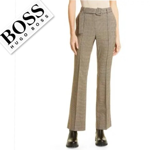 Hugo Boss Tokna Brown Taupe Plaid Strait Fit Boot Cut Optional Belt Pant, Size 2 - Picture 10 of 10